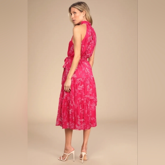 Lulus Float to You Hot Pink Floral Print Halter-Neck Tiered Midi Dress L Wedding - Picture 5 of 10